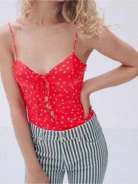 New Zara Satin Effect Stars Bodysuit Red Small NWT